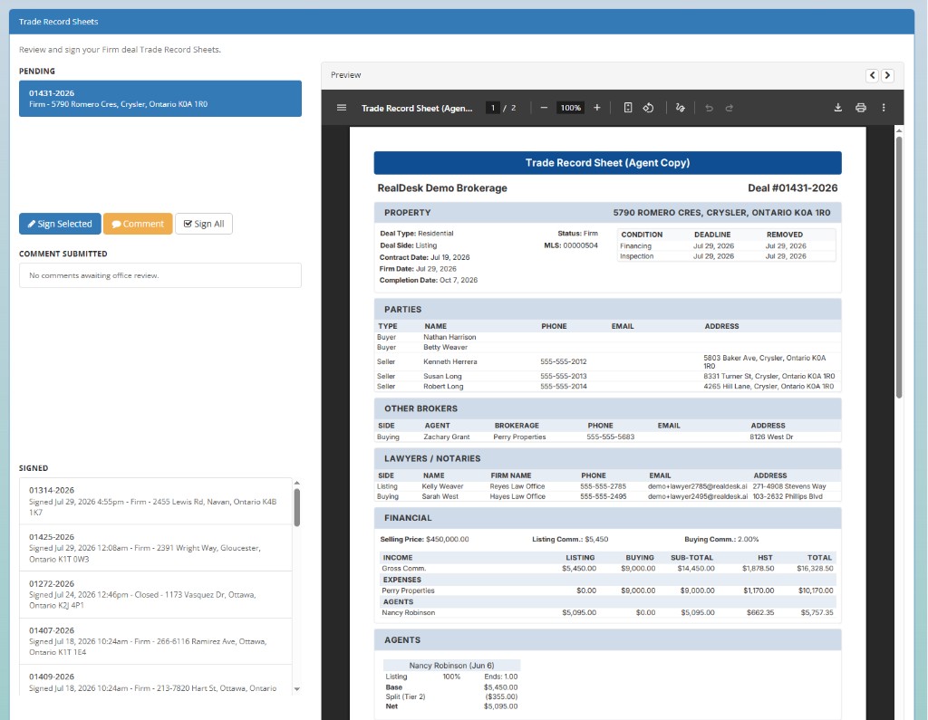 RealDesk agent trade record or payout status connected to a transaction
