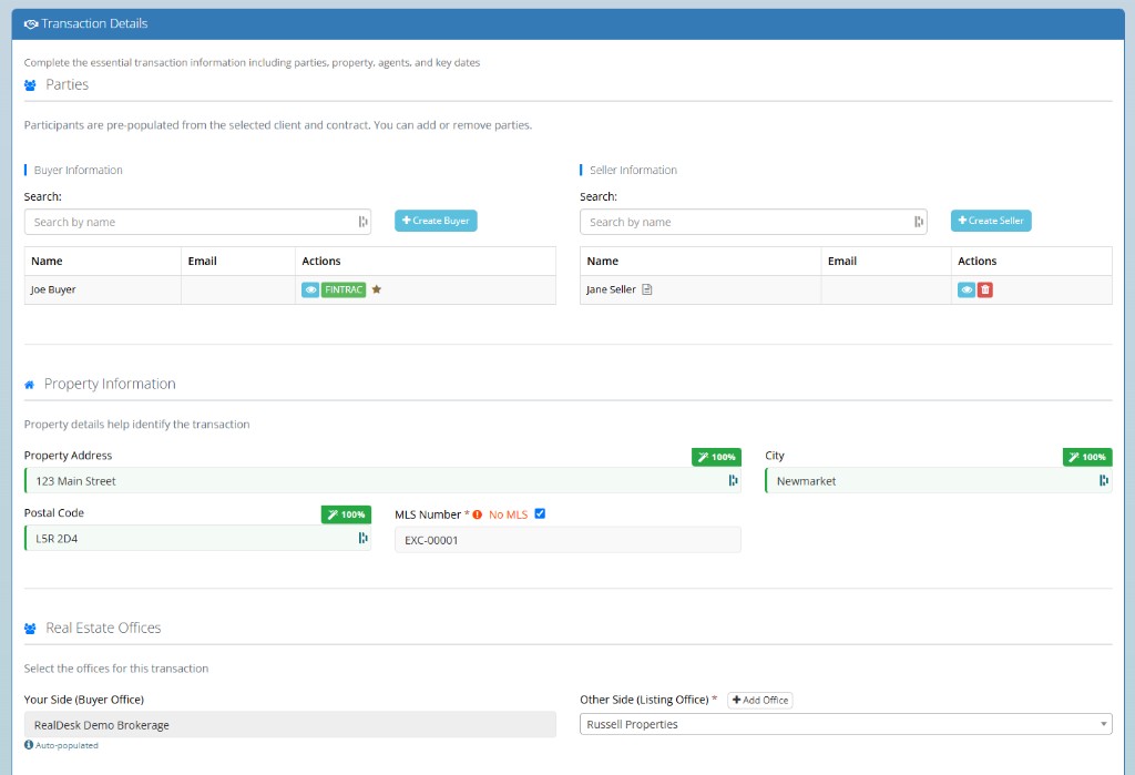 RealDesk agent transaction submission view with required information and documents