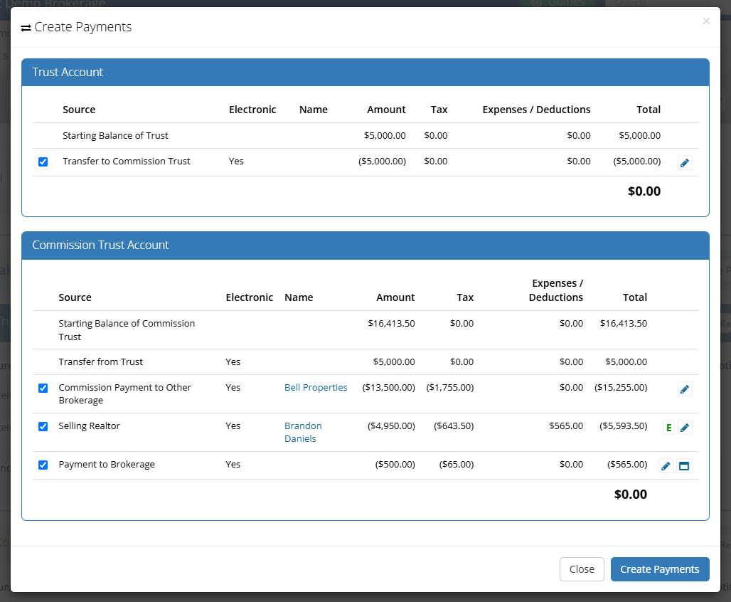RealDesk commission and payment workflow connected to a brokerage transaction