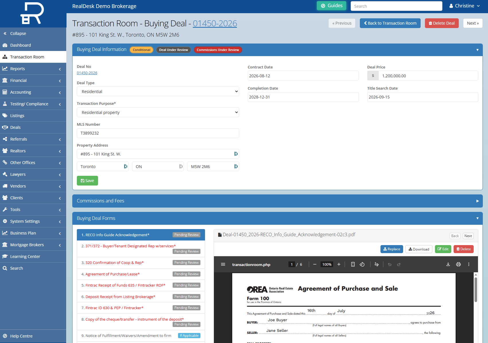 RealDesk transaction review workspace with requirements and documents